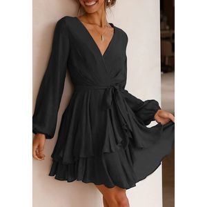 Ferlema Womens  V Neck Ruffle Long Sleeve Tie Waist Casual A Line Swing Mini